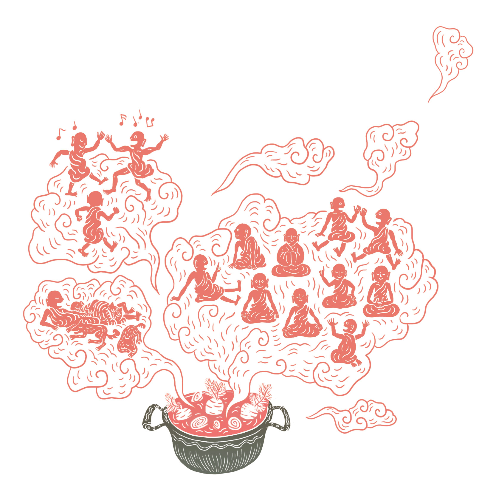 Soup with steams in cloud shape where buddhist monks are doing different things.