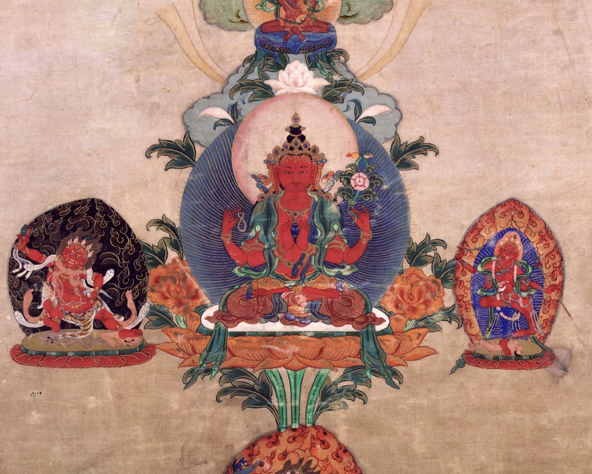 Old painting of Bodhisattva & Buddhist Deity, Ocean of Conquerors, Four Arms, from Rubin Museum of Art.