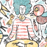 Person meditating surrounded by noise.